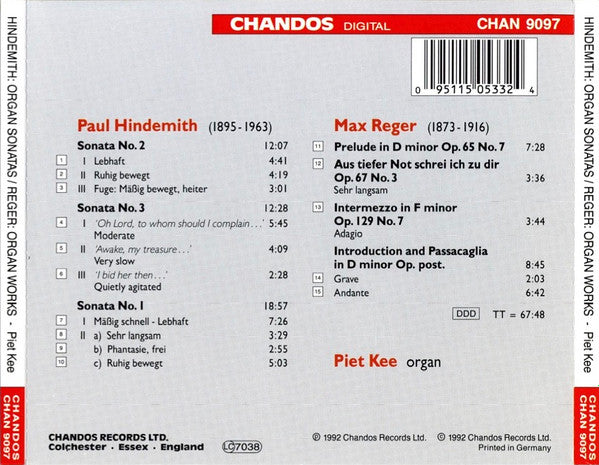 Piet Kee : Plays Hindemith And Reger On The Müller Organ Of St Bavo Haarlem (CD)