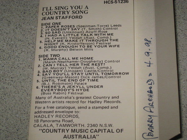 Jean Stafford : I'll Sing You A Country Song (Cass, Album)