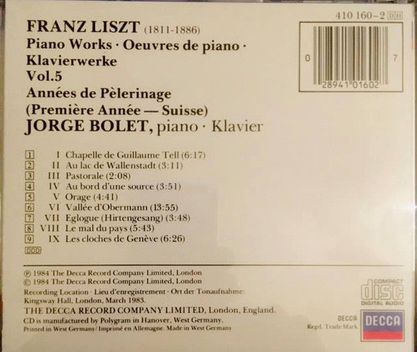 Liszt* – Jorge Bolet : Années De Pèlerinage – Suisse (CD, Album)