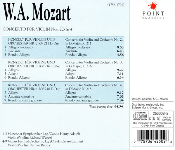 Wolfgang Amadeus Mozart, Münchner Symphoniker (2), Henry Adolph, Richard Wenzel, Mozart Festival Orchestra (2), Cesare Cantieri, Dalibor Brázda : Concerto For Violin Nos. 2 - 3 & 4 (CD)