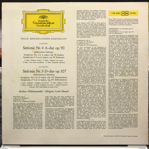 Mendelssohn-Bartholdy* / Berliner Philharmoniker, Lorin Maazel : Italienische Sinfonie / Reformations-Sinfonie (LP, RP)