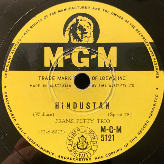Frank Petty Trio : Hindustan / Who's Sorry Now (Shellac, 10")