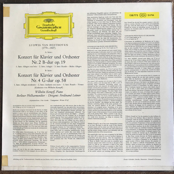 Ludwig van Beethoven, Wilhelm Kempff ‧ Berliner Philharmoniker ‧ Dirigent: Ferdinand Leitner : Klavierkonzerte Nr. 2 B-Dur Op. 19, Nr. 4 G-Dur Op. 58 (LP)