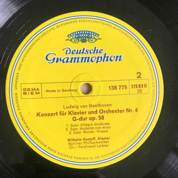 Ludwig van Beethoven, Wilhelm Kempff ‧ Berliner Philharmoniker ‧ Dirigent: Ferdinand Leitner : Klavierkonzerte Nr. 2 B-Dur Op. 19, Nr. 4 G-Dur Op. 58 (LP)
