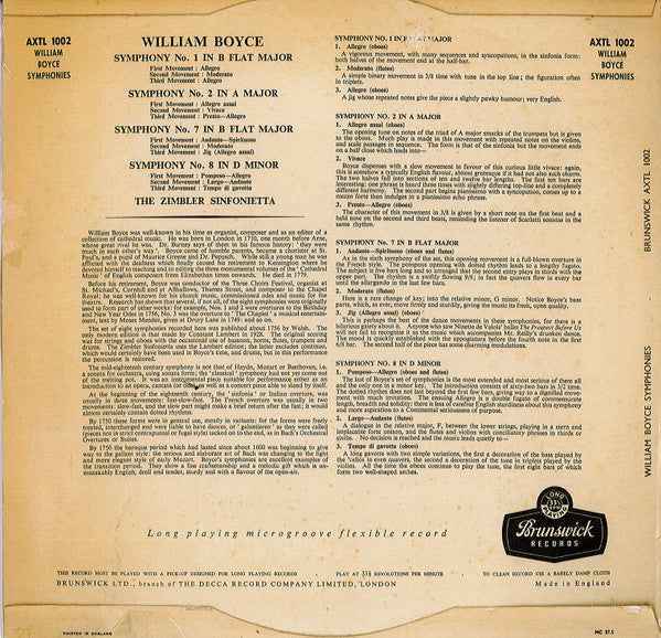 William Boyce, The Zimbler Sinfonietta : Symphonies (LP, Mono)