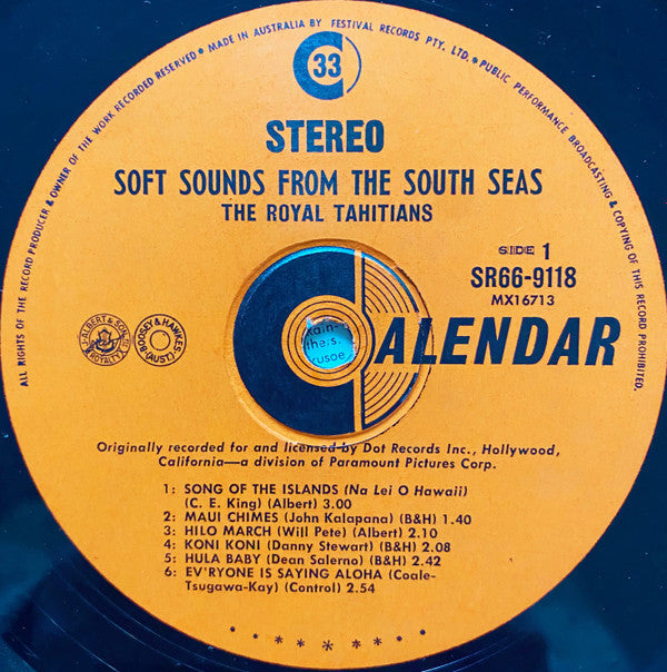 The Royal Tahitians : Soft Sounds From The South Seas  (LP, Album)