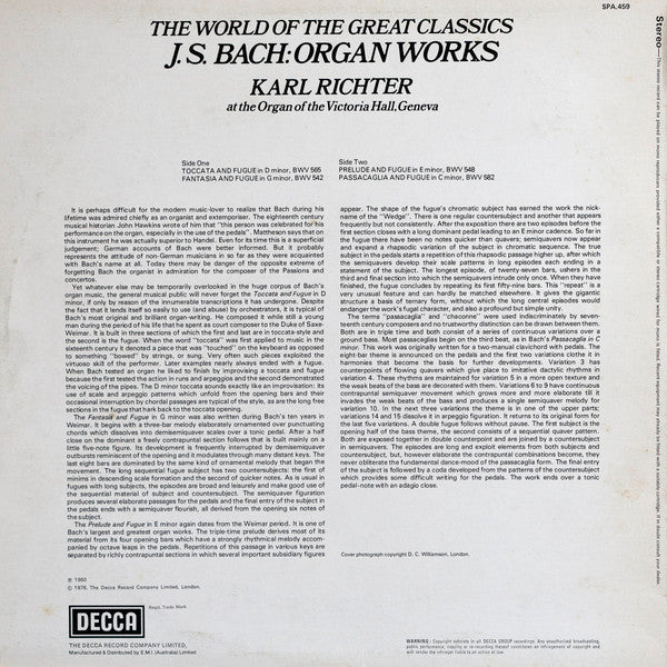 Bach*, Karl Richter : The World Of The Great Classics J.S. Bach: Organ Works (LP)