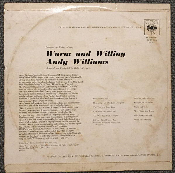Andy Williams : Warm And Willing (LP, Album, Mono)