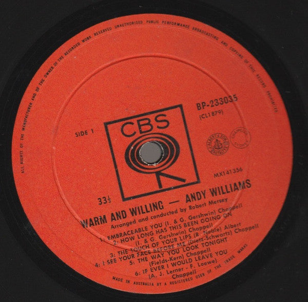 Andy Williams : Warm And Willing (LP, Album, Mono)