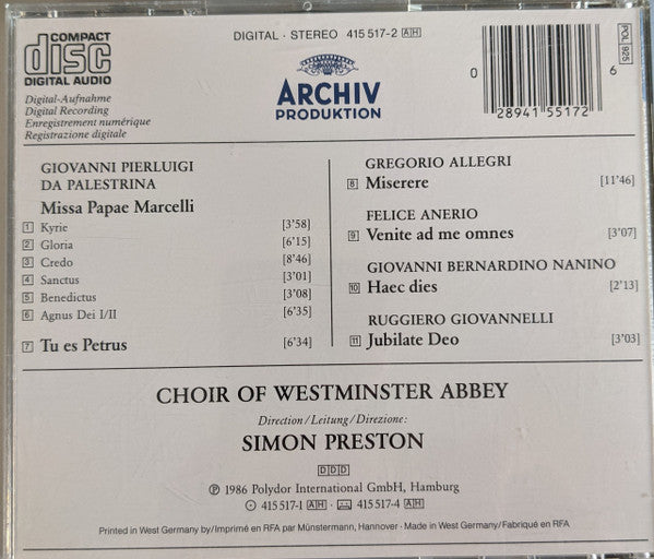 Palestrina*, Allegri* - Choir Of Westminster Abbey*, Simon Preston : Missa Papae Marcelli / Miserere (CD, Album)