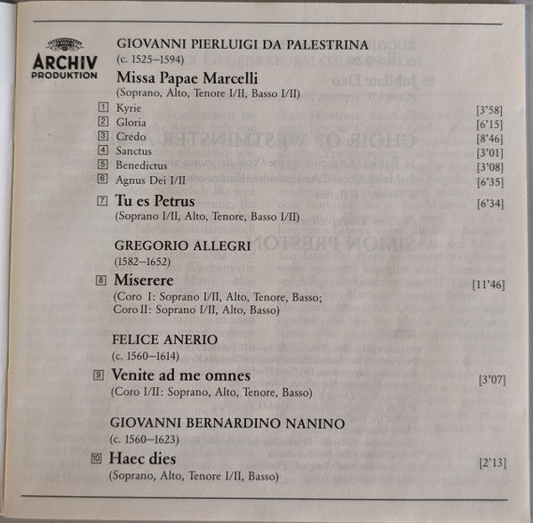 Palestrina*, Allegri* - Choir Of Westminster Abbey*, Simon Preston : Missa Papae Marcelli / Miserere (CD, Album)
