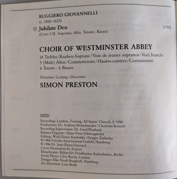 Palestrina*, Allegri* - Choir Of Westminster Abbey*, Simon Preston : Missa Papae Marcelli / Miserere (CD, Album)