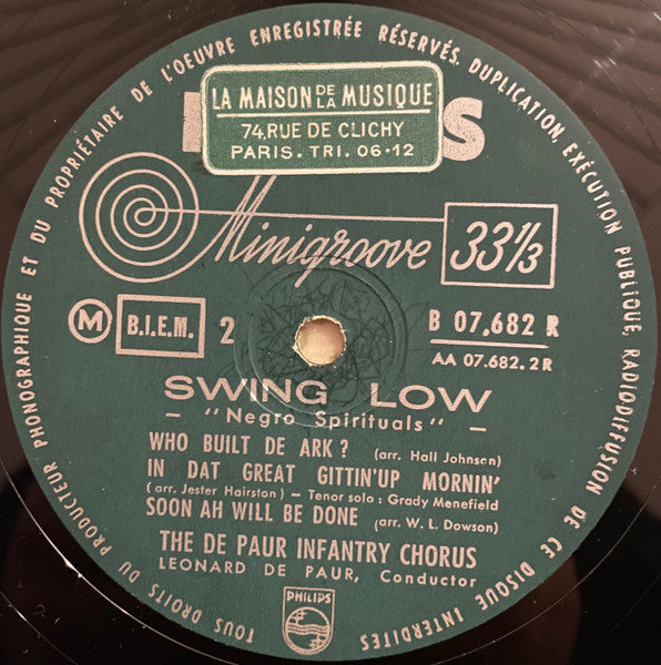 The De Paur Infantry Chorus* / Direction Leonard De Paur : Negro Spirituals / Swing Low  (10", Album, Mono)