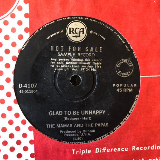 The Mamas & The Papas : Glad To Be Unhappy / Hey, Girl (7", Single, Promo)