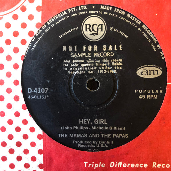 The Mamas & The Papas : Glad To Be Unhappy / Hey, Girl (7", Single, Promo)