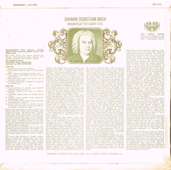 Johann Sebastian Bach : Magnificat In D (BWV 243) (LP, Album, Club)