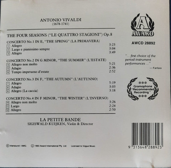 Antonio Vivaldi - La Petite Bande, Sigiswald Kuijken : The Four Seasons (CD, Album, RE)