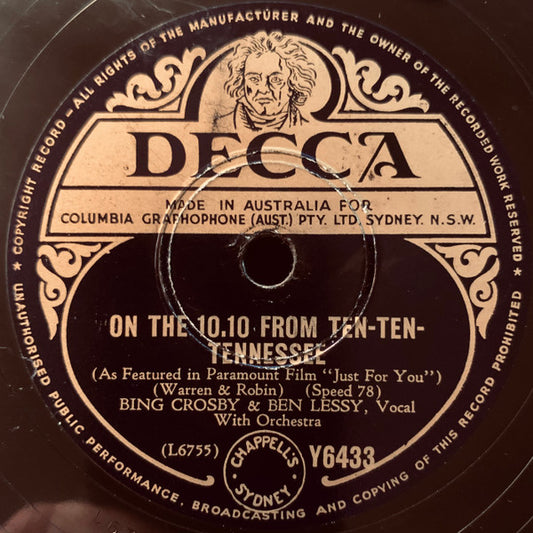 Bing Crosby & Ben Lessy  /  Bing Crosby & Jane Wyman : On The 10.10 From Ten-Ten-Tennessee / Zing A Little Zong (Shellac, 10")