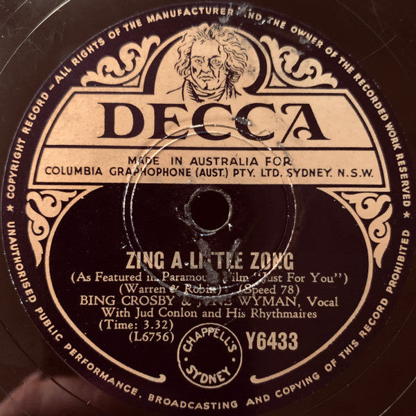 Bing Crosby & Ben Lessy  /  Bing Crosby & Jane Wyman : On The 10.10 From Ten-Ten-Tennessee / Zing A Little Zong (Shellac, 10")