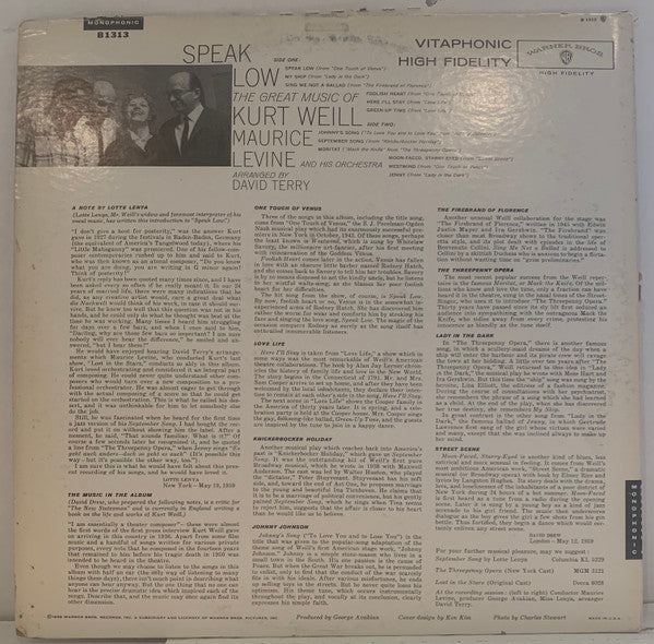 Kurt Weill and The Warner Brothers Orchestra Conducted By Maurice Levine : Speak Low, The Great Music Of Kurt Weill For Orchestra (LP, Mono)