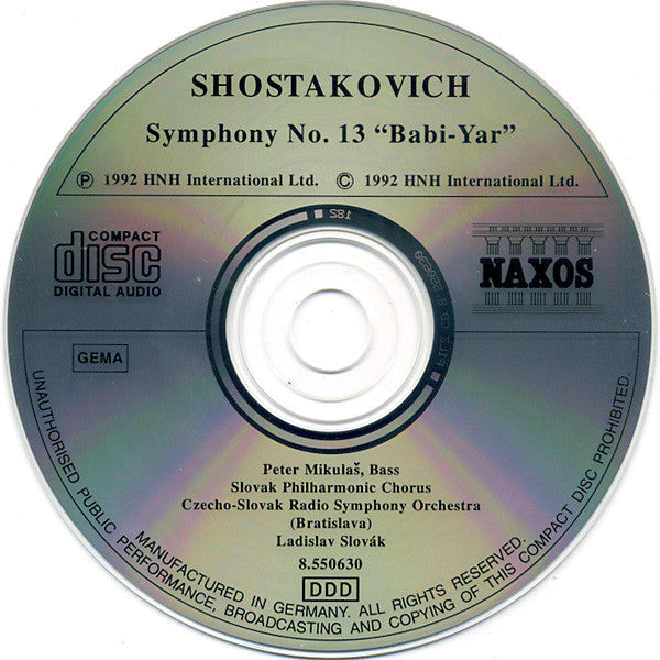 Dmitri Shostakovich : Peter Mikuláš, Slovak Philharmonic Chorus, Slovak Radio Symphony Orchestra, Ladislav Slovák : Symphony No. 13 "Babi Yar" (CD, Album)