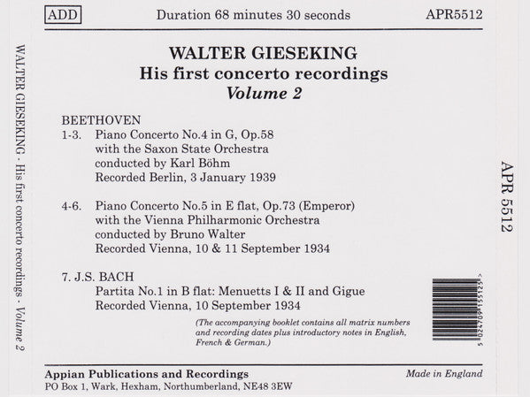 Walter Gieseking : His First Concerto Recordings Volume 2 (CD, Comp, Mono, RE, RM)