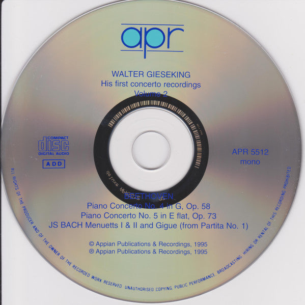 Walter Gieseking : His First Concerto Recordings Volume 2 (CD, Comp, Mono, RE, RM)