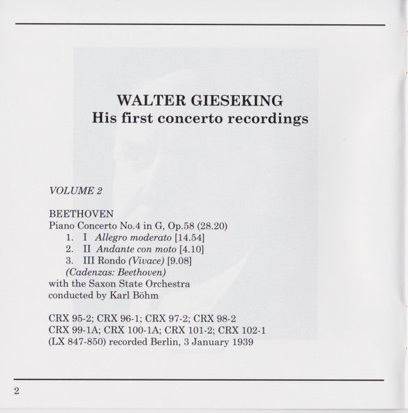 Walter Gieseking : His First Concerto Recordings Volume 2 (CD, Comp, Mono, RE, RM)