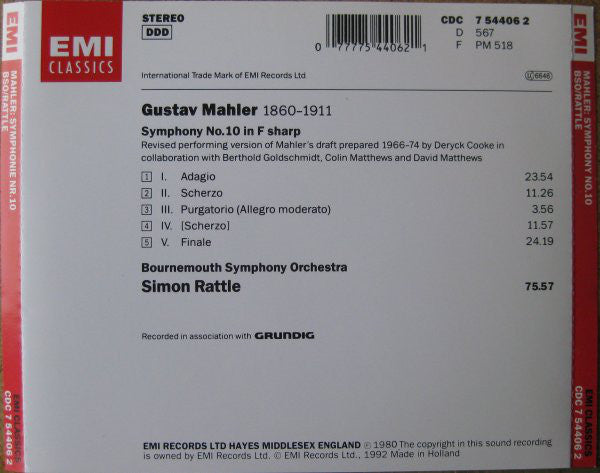 Mahler* - Bournemouth Symphony Orchestra, Simon Rattle* : Symphonie No.10 (CD, Album, RE)