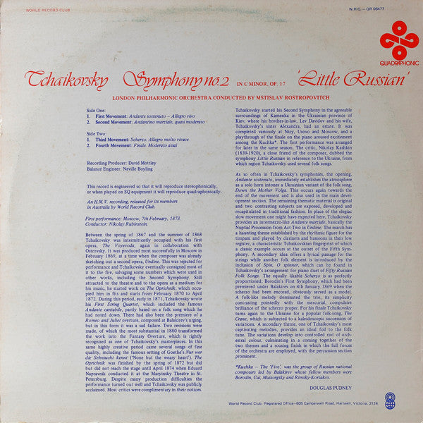 Tchaikovsky*, Mstislav Rostropovich, London Philharmonic Orchestra : Symphony No. 2 In C Minor, Op. 17 'Little Russian' (LP, Album, Quad, Club)