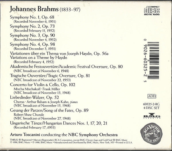 Johannes Brahms - Arturo Toscanini, NBC Symphony Orchestra : 4 Symphonies (4xCD, Mono, RE + Box, Comp)