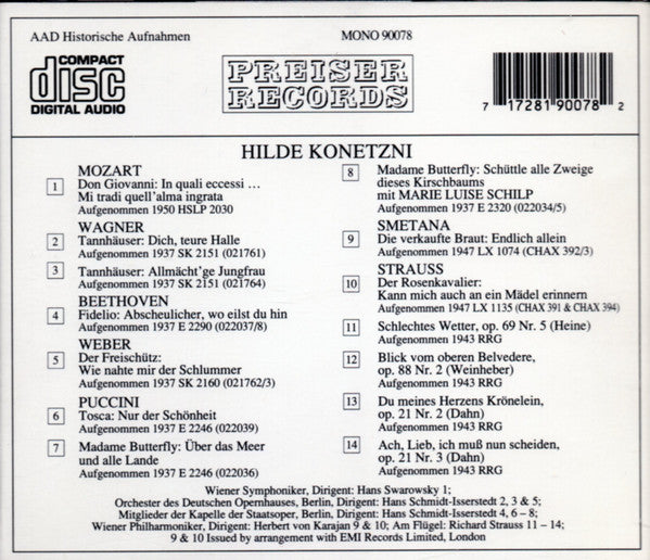 Hilde Konetzni : Hilde Konetzni Singt (CD, Comp, Mono)