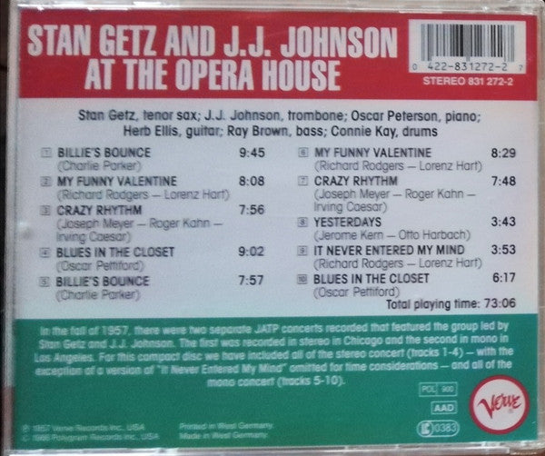 Stan Getz And J.J. Johnson : At The Opera House (CD, Album, Mono, RE, RM)