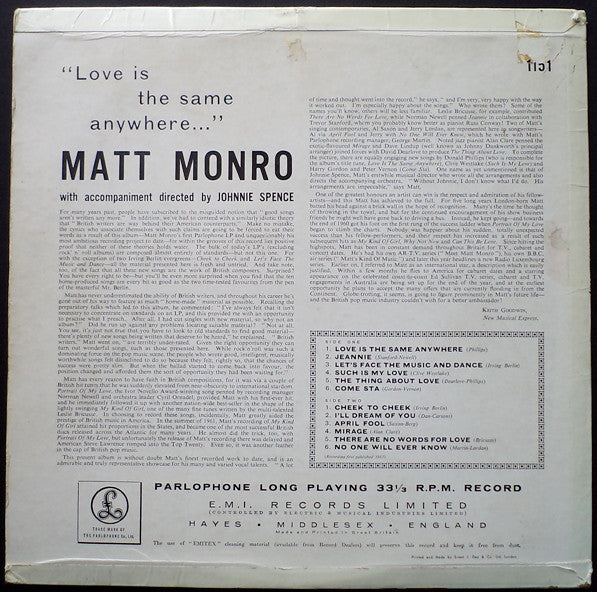 Matt Monro : Love Is The Same Anywhere (LP, Album, Mono)