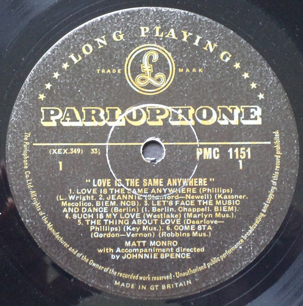 Matt Monro : Love Is The Same Anywhere (LP, Album, Mono)