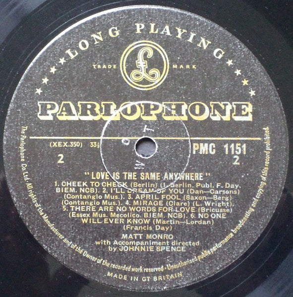 Matt Monro : Love Is The Same Anywhere (LP, Album, Mono)