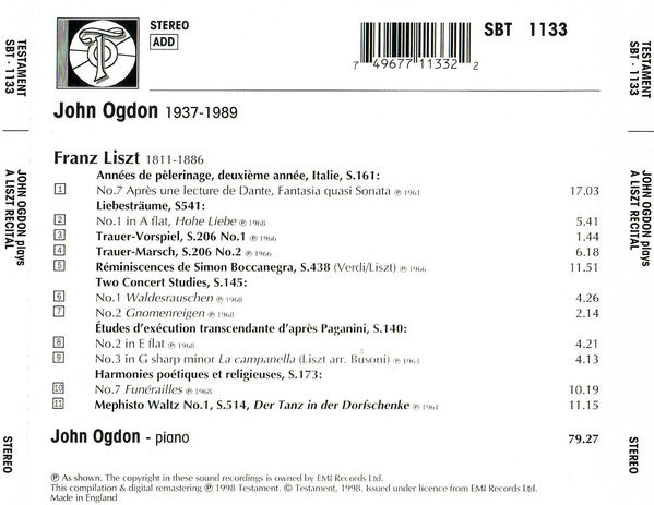 John Ogdon - Liszt* : John Ogdon Plays A Liszt Recital (CD, Comp, RM)