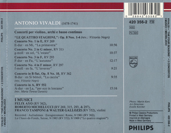 Antonio Vivaldi - I Musici, Roberto Michelucci : Le Quattro Stagioni = The Four Seasons ･ Die Vier Jahreszeiten, Concerti "La Caccia" ･ "Per Eco In Lontano" (CD, Comp, RM)