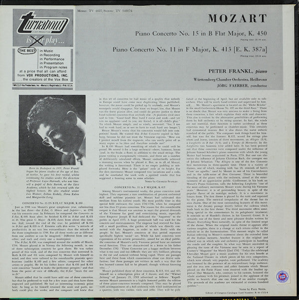 Mozart*, Peter Frankl, Württemberg Chamber Orchestra Heilbronn*, Jörg Faerber : Piano Concerto Nº 15 In B Flat Major, K. 450 / Piano Concerto Nº 11 In F Major, K. 413 (E.K. 387ª) (LP, Album)
