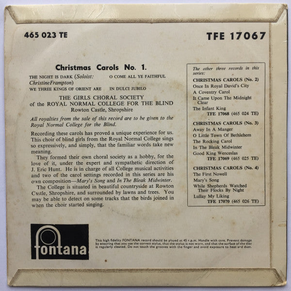 The Girls Choral Society Of The Royal Normal College For The Blind : Christmas Carols No. 1 (7", EP)
