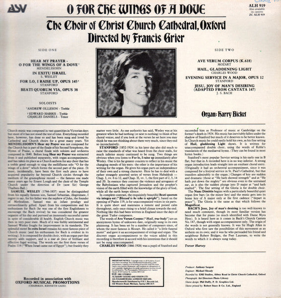 The Choir Of Christ Church Cathedral : O For The Wings Of A Dove (LP)