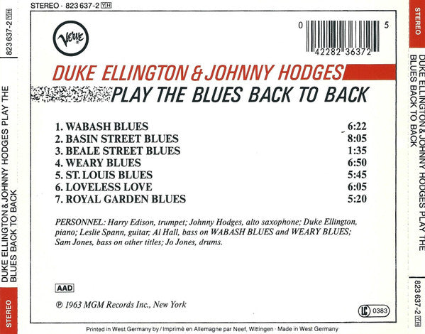 Duke Ellington & Johnny Hodges : Back To Back (Duke Ellington And Johnny Hodges Play The Blues) (CD, Album, RE)