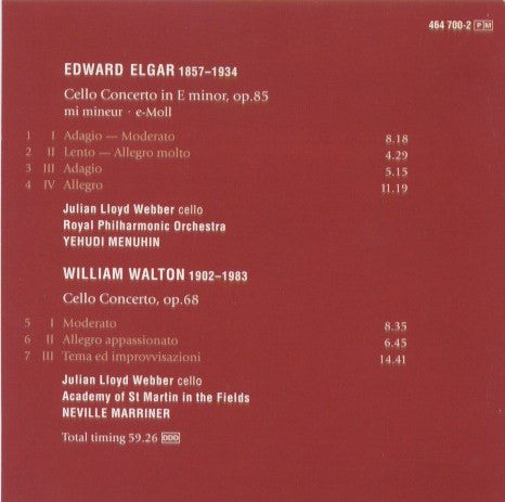 Elgar* • Walton*, Julian Lloyd Webber, Yehudi Menuhin, Neville Marriner* : Cello Concertos (CD, Comp, RM)