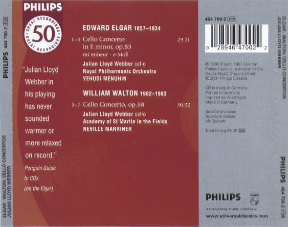 Elgar* • Walton*, Julian Lloyd Webber, Yehudi Menuhin, Neville Marriner* : Cello Concertos (CD, Comp, RM)