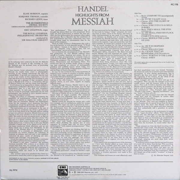 Handel* - Elsie Morison, Marjorie Thomas, Richard Lewis (3), Huddersfield Choral Society, Royal Liverpool Philharmonic Orchestra, Sir Malcolm Sargent : Messiah Highlights (LP)