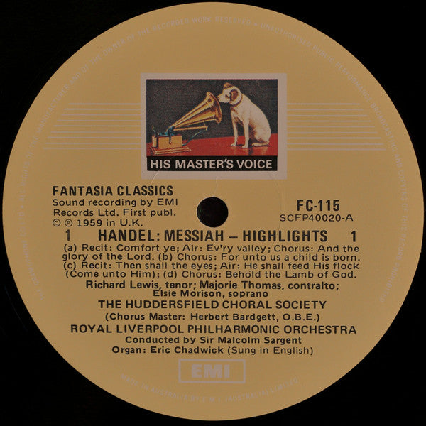 Handel* - Elsie Morison, Marjorie Thomas, Richard Lewis (3), Huddersfield Choral Society, Royal Liverpool Philharmonic Orchestra, Sir Malcolm Sargent : Messiah Highlights (LP)