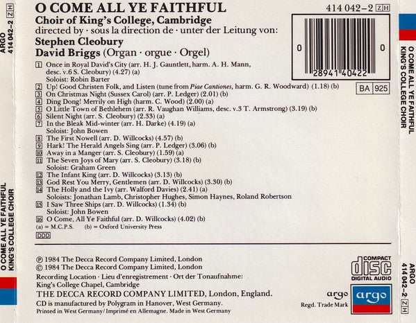 The King's College Choir Of Cambridge, Stephen Cleobury : O Come All Ye Faithful (CD)