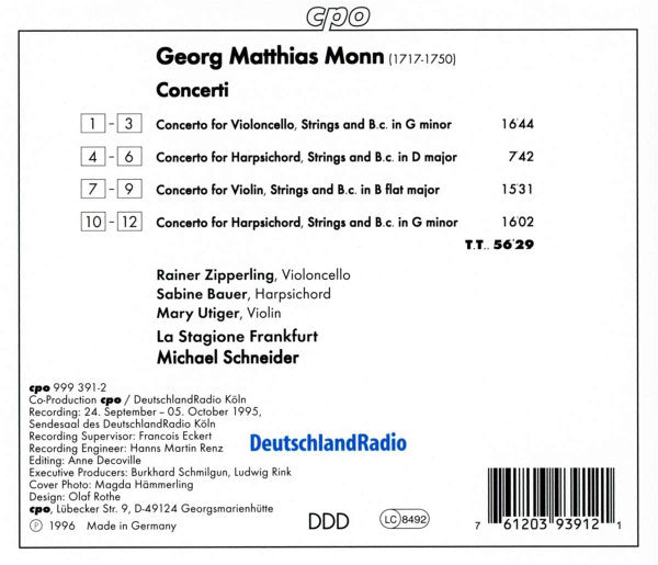 Georg Matthias Monn* - Zipperling* ∙ Bauer* ∙ Utiger* ∙ La Stagione Frankfurt* ∙ Schneider* : Concerti (CD, Album)