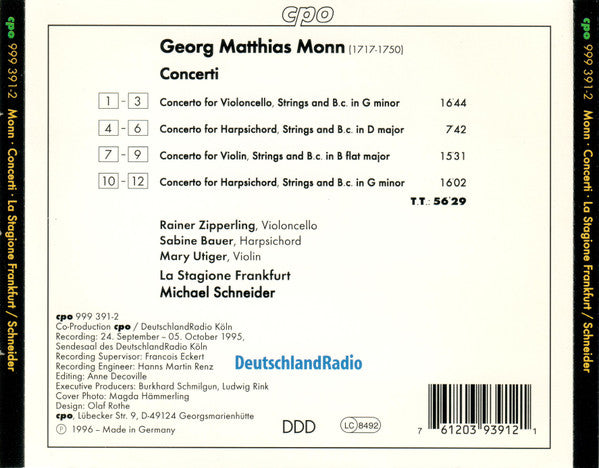 Georg Matthias Monn* - Zipperling* ∙ Bauer* ∙ Utiger* ∙ La Stagione Frankfurt* ∙ Schneider* : Concerti (CD, Album)