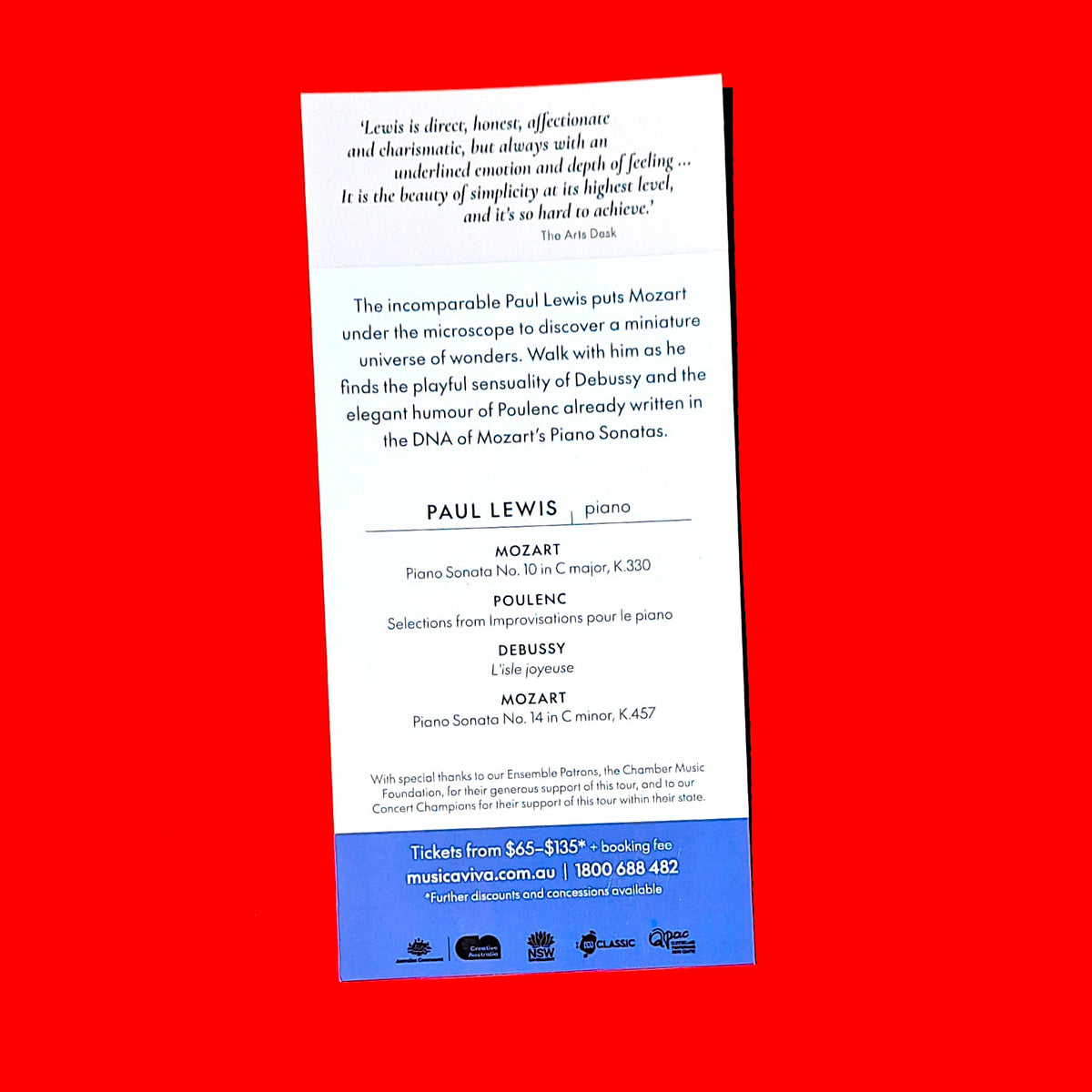 Paul Lewis: Mozart + – Concert Handbill (Musica Viva Australia, 6 October) Brisbane Classical Music 2026